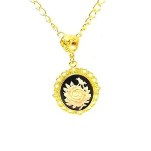 Vintage Inspired Gold Tone Floral Cameo Pendant Necklace 28 Inch Chain Gift
